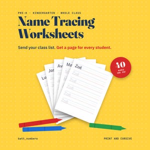 Può includere: Un set di fogli di lavoro per tracciare i nomi su uno sfondo giallo con puntini bianchi. Il testo recita: Pre-K, Kindergarten, Whole Class, Name Tracing Worksheets, Send your class list. Get a page for every student. 40 names one PDF, batt_numbers, Print and Cursive. Include matite colorate rosse, blu e verdi.