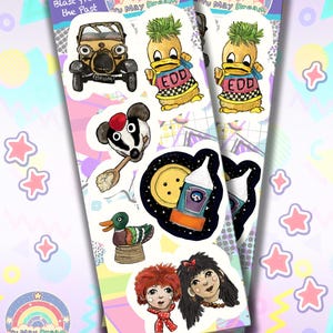 May include: A set of colourful stickers featuring characters from the British children's television show Brum. The stickers include a red car, a badger, a duck, a button, a bottle of milk, two yellow ducklings wearing shirts that say "EDD", and two girls with red and black hair.