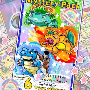 May include: A colorful "Mystery Pack" featuring cartoon illustrations of three creatures. The pack includes the text "Holo sticker in every pack!" and "Doodley Vinyl stickers." The background includes other trading cards and star-shaped stickers.