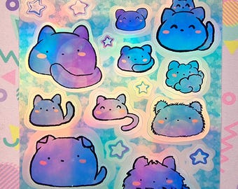 Galaxy Blobcat Vinyl Sticker Sheet | Holographic Rainbow Cats | Kawaii Planner & Journal Stickers