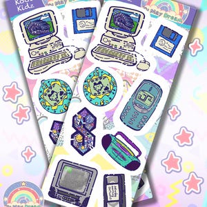 May include: Two sticker sheets featuring retro illustrations. Designs include a computer, floppy disk, cell phone, and a boombox. The stickers have a pastel colour scheme with the text "Kool Kidz" and "Yu May Dream".