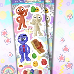 Op de afbeelding: Een set van 10 kleurrijke cartoonfiguur stickers met een blauwe figuur met drie rode stippen, een oranje figuur, een beige figuur, een bruine borstel en vijf groene, grijze en rode eivormige figuren. De stickers zijn op een roze, blauwe en gele achtergrond met de tekst "Blast from the Past" en "Yu May Dream".