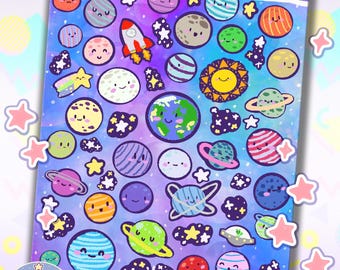 Solar System Chibi Stickers | Kawaii Planner, Journal Embellishments