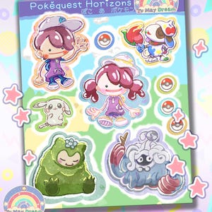 Könnte beinhalten: Ein Stickerbogen mit Cartoon-Illustrationen von Charakteren und Pokémon. Das Blatt enthält den Text "Pokéquest Horizons" und "Yu May Dream". Die Charaktere sind in verschiedenen Posen, mit einer Farbpalette aus Lila, Grün und Blau.