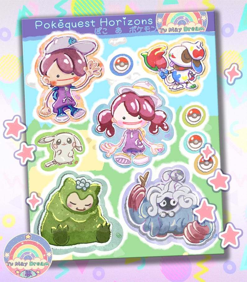 May include: A sticker sheet featuring cartoon illustrations of characters and Pok&eacute;mon. The sheet includes the text "Pok&eacute;quest Horizons" and "Yu May Dream". The characters are in various poses, with a color palette of purple, green, and blue.