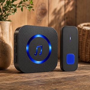 May include: A black wireless doorbell system consisting of a square receiver with a textured surface and a central circular blue LED light featuring a musical note icon, paired with a rectangular transmitter button with a blue square push button.