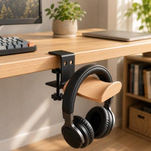 Puede incluir: Un soporte para auriculares de metal negro con abrazadera de escritorio y brazo de apoyo de madera clara curvada. La abrazadera está sujeta al borde de un escritorio de madera y sostiene unos auriculares negros con diadema acolchada.