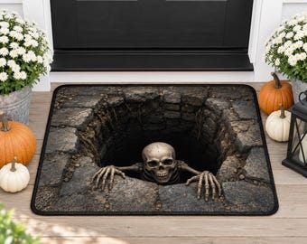 3D Skeleton Optical Illusion Doormat, Creepy Hole Halloween Rug, Spooky Skeleton Floor Mat, Scary Gothic Haunted House Decor