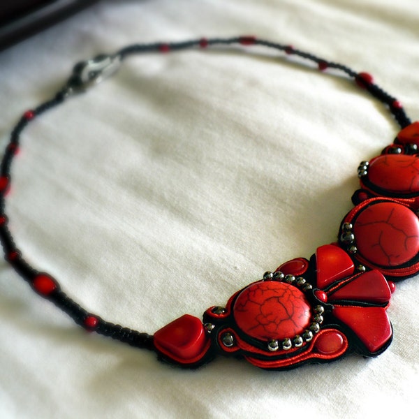 Modern Jewelry, Necklace in Red and Black, Soutache, Semiprecious Stones, Coral