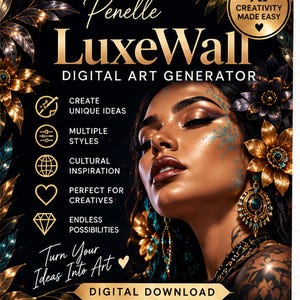 May include: A digital art generator advertisement titled Penelle LuxeWall featuring a portrait of a person with dark hair, gold floral accents, and ornate jewelry. The text includes Create Unique Ideas, Multiple Styles, Cultural Inspiration, Perfect for Creatives, Endless Possibilities, Turn Your Ideas Into Art, and Digital Download.
