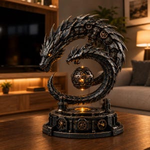 May include: A dark metallic dragon sculpture with intricate mechanical gear details, coiled in a circular shape around a central glowing orb. The sculpture rests on a circular base featuring visible gears and a warm light source at the center.