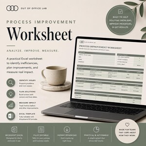 May include: A digital process improvement worksheet displayed on a laptop screen, featuring sections for root cause analysis, improvement actions, and metrics. The layout includes a beige background, a ceramic mug, and text detailing the template features.