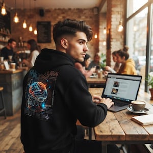 Fleeced Full-Zip Boxy Hoodie, Quantum Flow Full Zip Hoodie, Cyberpunk Skull Full Zip Hoodie, Neural Tech Streetwear, Futuristic Brain Graphi