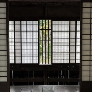 May include: A traditional Japanese shoji screen room divider featuring a dark wooden frame with a grid pattern and translucent white paper panels. A narrow central window reveals a glimpse of green foliage and a tree trunk outside the structure.