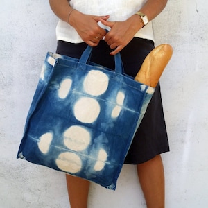 Shibori 'Moons' Indigo Dyed Canvas Tote Bag