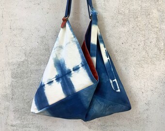 Itajime Shibori Bento Bag, Indigo Dyed, Adjustable.