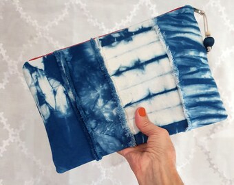 Shibori, Fransen Panels, Indigo gefärbt, Große Clutch Geldbörse