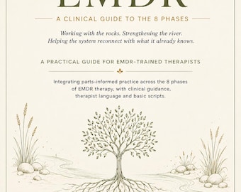 May include: A book cover titled Parts-Informed EMDR: A Clinical Guide to the 8 Phases by Tracy Lynch. The cream-coloured cover features a central green line-art illustration of a tree by a river, flanked by tall grasses and rocks.