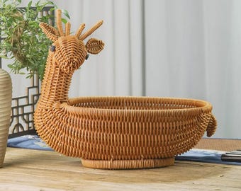 Cestino in rattan intrecciato a mano con motivo a cervo, fruttiera rustica, portaoggetti da scrivania