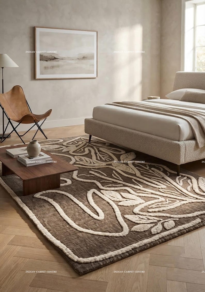 Abstract Leaf Pattern Area Rug Brown and Cream Abstract Botanical Hand-tufted Wool Rug - Etsy UK