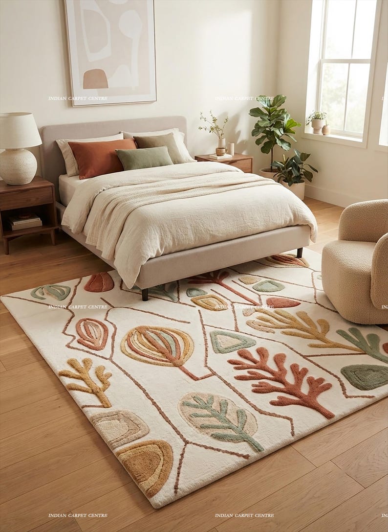 Abstract Leaf Pattern Area Rug Multi-color Floral Cream Wool Rug - Etsy UK