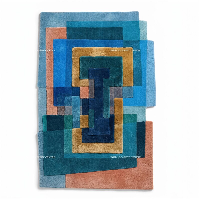 Blue and Multicolored Abstract Irregular Rug, Indo Hand Tufted Wool ...