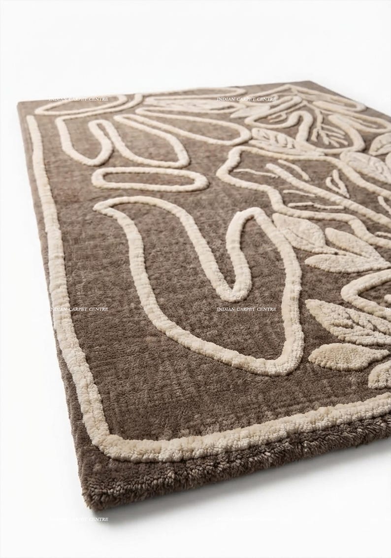 Abstract Leaf Pattern Area Rug Brown and Cream Abstract Botanical Hand-tufted Wool Rug - Etsy UK