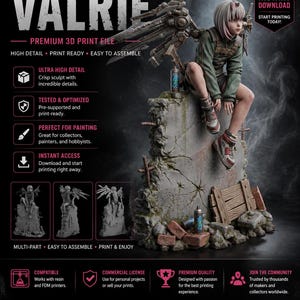 May include: A digital 3D print file for a figurine titled VALRIE, featuring a character with short hair and mechanical wings sitting on a concrete block. The file includes text details like STRENGTH IS SILENCE, COURAGE IS CHOICE, and INSTANT DOWNLOAD.