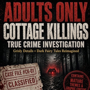 May include: A poster titled ADULTS ONLY COTTAGE KILLINGS TRUE CRIME INVESTIGATION with a dark forest background, a red-lit cottage, a classified case file document with blood splatters, a forest incident report, and yellow crime scene tape.