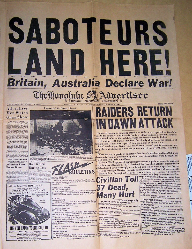 Historic Honolulu Newspaper Composite Dec 7 1941 Etsy