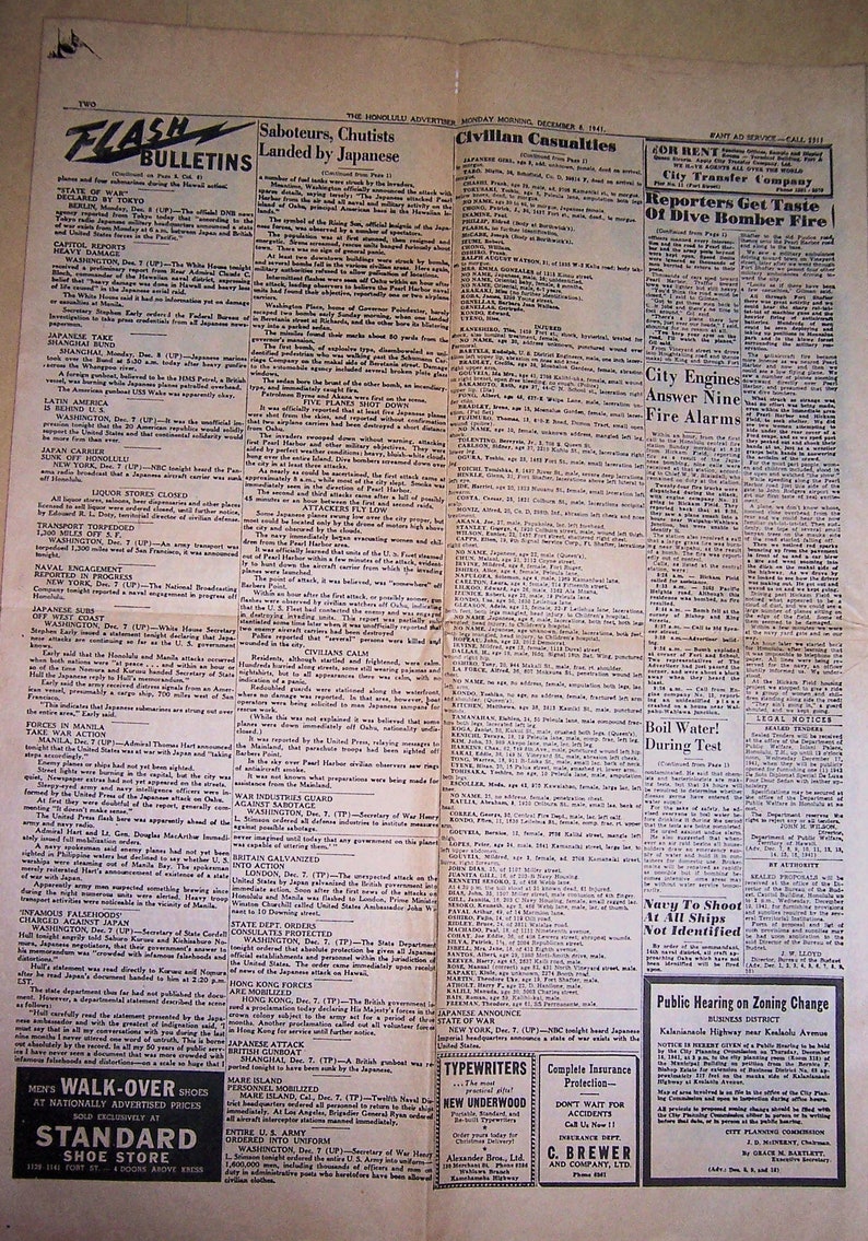 Historic Honolulu Newspaper Composite Dec 7 1941 Etsy