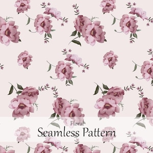 Puede incluir: Un patrón sin costuras con ilustraciones florales en rosa empolvado y malva sobre un fondo rosa pálido. El diseño incluye racimos de flores en flor con tallos y hojas de color verde oscuro. El texto Floral Seamless Pattern está centrado.