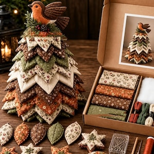 DIYキルティングロビンクリスマスツリーソーイングキット：素朴な植物柄ファブリッククラフト