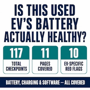 Könnte beinhalten: Eine Grafik mit dunkelblauem Text: IS THIS USED EV'S BATTERY ACTUALLY HEALTHY? Drei türkise Boxen zeigen 117 TOTAL CHECKPOINTS, 11 PAGES COVERED und 10 EV-SPECIFIC RED FLAGS. Ein dunkelblauer Balken am unteren Rand zeigt BATTERY, CHARGING & SOFTWARE — ALL COVERED.