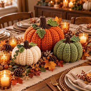 May include: Three crocheted pumpkins in orange, cream, and sage green, each featuring a dark brown stem and small green leaves. The orange pumpkin is the largest, while the cream and green pumpkins are smaller, all arranged as a centerpiece.