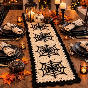 Puede incluir: Un camino de mesa rectangular de ganchillo con base color crema, cuatro motivos de telarañas negras y un borde negro festoneado. El camino de mesa se exhibe sobre una mesa de madera con platos negros, servilletas beige y arañas.
