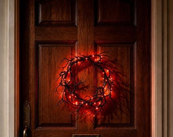 Black Branch Halloween Wreath with LED Lights, Scary Indoor Outdoor Home Decor