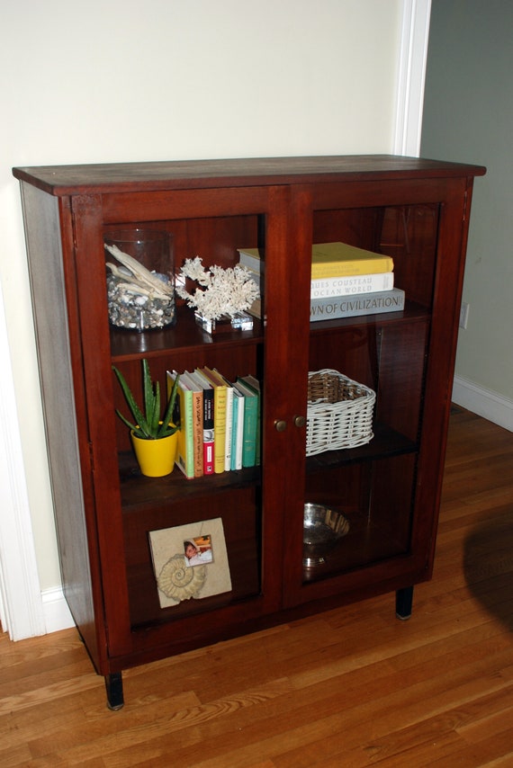 Price Drop Vintage Mahogany Bookcase With Glass Doors And Metal Legs Mid Century Modern Style