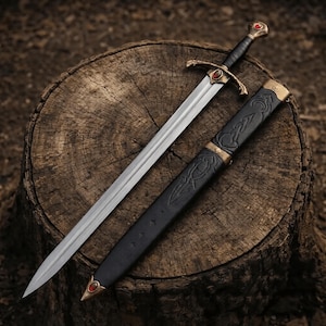 May include: A steel sword with a black leather-wrapped hilt, bronze crossguard, and pommel, each featuring a small red gemstone. The matching black scabbard has embossed patterns, bronze accents, and a red gemstone at the pointed tip.