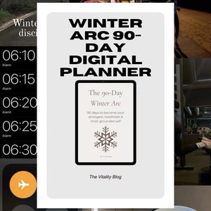 Puede incluir: Un planificador digital titulado Winter Arc 90-Day Digital Planner mostrado en una pantalla de tableta. La portada presenta el texto The 90-Day Winter Arc, 90 days to become your strongest, healthiest & most grounded self, un icono de copo de nieve y The Vitality Blog.