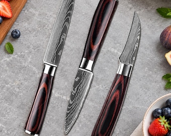 Laser Damascus Pattern Fruit Knife 3.5 Inch, Paring Knife for Peeling and Fruit Carving, Gift for Cook