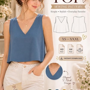 Puede incluir: Un patrón de costura para una blusa sin mangas con cuello en V, con el texto V-Neck TOP SEWING PATTERN, tallas XS-XXXL e iconos para archivos A0, A4 y US Letter. Incluye un recuadro circular que muestra el cuello y cinco círculos de colores.