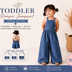 May include: A digital sewing pattern for a toddler romper jumpsuit featuring a wide-leg design and cross-back straps. The document includes text for A4, A0, and US Letter sizes, along with instructions for instant download and home printing.