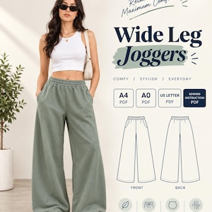 Peut inclure: Un patron de couture numérique pour pantalon de jogging large, illustré par un pantalon vert sauge avec une taille élastique et des poches latérales. Le visuel inclut des dessins techniques de face et de dos, ainsi que des icônes PDF A4, A0 et US Letter.