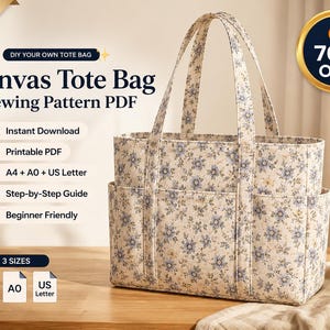 Pode incluir: Uma bolsa tote de lona com estampa floral azul e bege, com duas alças superiores e um bolso externo. A imagem inclui o texto: Canvas Tote Bag Sewing Pattern PDF, Instant Download, Printable PDF, A4 + A0 + US Letter, Step-by-Step Guide, Beginner Friendly, 3 Sizes e 70% OFF.
