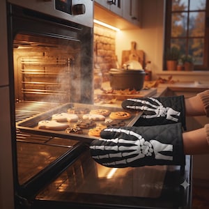 Könnte beinhalten: Ein Paar schwarze Ofenhandschuhe mit weißem Skeletthand-Aufdruck, die verwendet werden, um ein Metallbackblech aus einem Ofen zu nehmen. Auf dem Backblech befinden sich mehrere gebackene Kekse in Form von Geistern, Kürbissen und Fledermäusen.