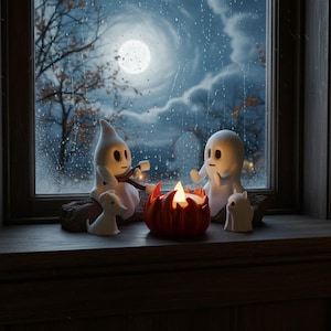 Peut inclure: Deux figurines de fantômes blancs assises sur un rebord en bois, l'une tenant un bâton au-dessus d'une petite lumière rouge en forme de flamme. Un minuscule animal fantomatique blanc est assis à côté de chaque personnage devant une fenêtre.
