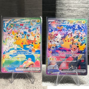 May include: Two Pikachu ex trading cards in protective sleeves. The left card features the Pika-Pika Parade attack, while the right card displays the Zip-Zap Frenzy attack. Both cards show 190 HP and colorful illustrations of various Pokemon.