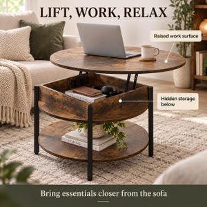 May include: A round coffee table with a dark wood grain finish and black metal legs. The table features a lift-top mechanism creating a raised work surface, hidden storage compartment underneath, and a lower circular shelf for additional storage.