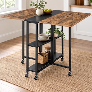 May include: A drop-leaf table with a black metal frame and two wood-grain finish leaves. The central base features two open shelves, one holding a stack of plates and a small plant, and the other holding a woven basket and a glass jar.